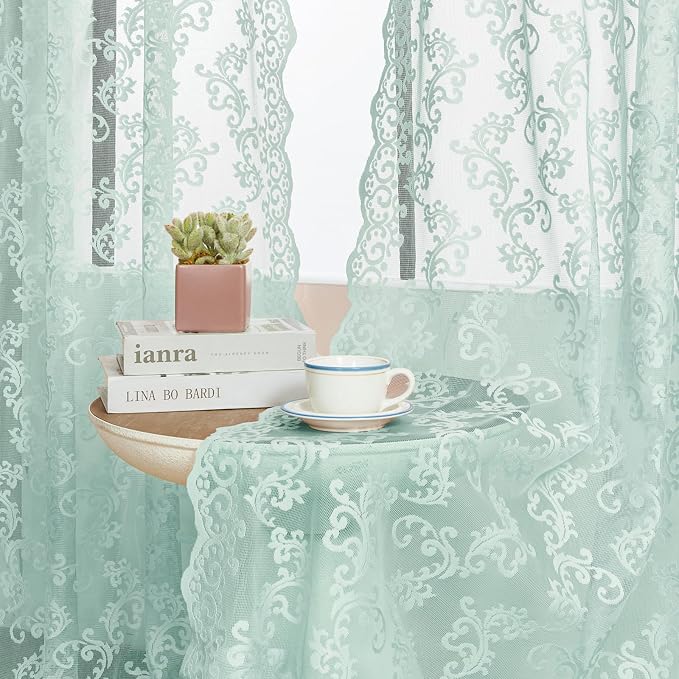 Pastel Turquoise Lace Curtains 96 Inches Long Rod Pocket Light Teal Paisley - Image 2