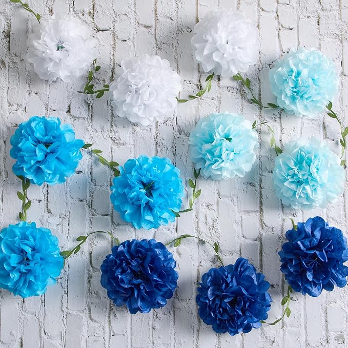 Gradient Blue Tissue Paper Pom Pom Garlands, Paper Flowers - Image 6