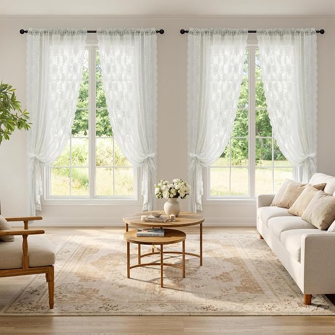 MIULEE Vintage Floral Scalloped Lace Curtains 2 Panels, Short Semi Sheer - Image 2