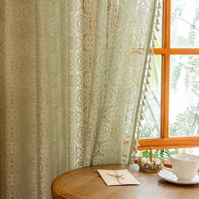 YJ YANJUN Boho Lace Curtains, Sage Green Sheer Window Panels | Geometric by YJYANJUN