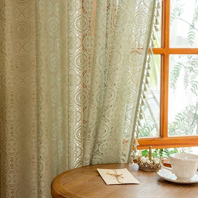 YJ YANJUN Boho Lace Curtains, Sage Green Sheer Window Panels | Geometric - Image 3