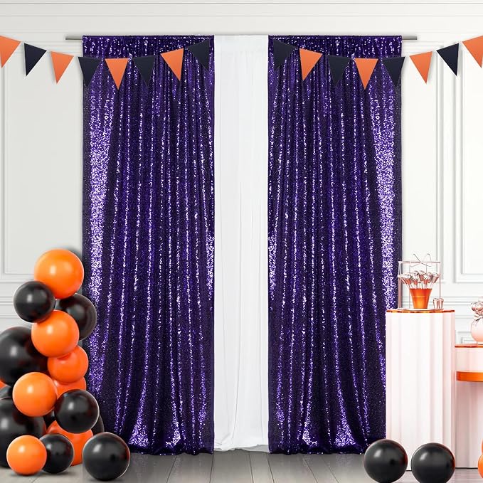 Eternal Beauty Purple Sequin Backdrop Curtains, 2 Panels 2x8FT | 3mm Sparkle - Image 2
