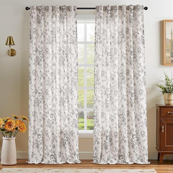 jinchan Black Floral Linen Curtains 96 Inch Farmhouse Back Tab 2 Panels | Light - Image 7