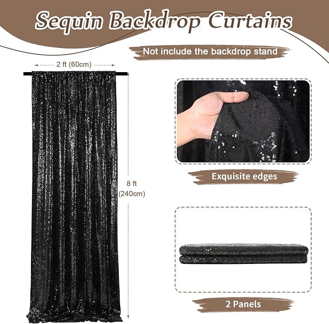 Black Backdrop Curtains for Parties 2 Panels 2ftx8ft Sequin Birthday Backdrop - Image 3