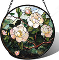 Stained Glass Suncatcher, Light Pink Flowers Green Leaf Sun Catcher Plant Stain Glass Window Hanging Decoration Mother's Day Birthday Gifts for Women Men Mom Nana 7.8 in