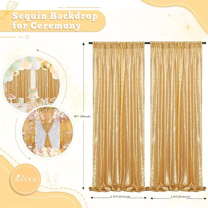 Gold Sequin Backdrop Curtains 2 Pcs 3.3ftx8ft Sparkle Backdrop Fabric | Glitter - Image 3