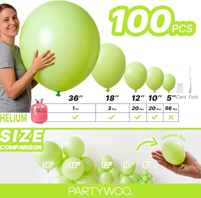PartyWoo Lime Balloons 100pcs Green Light Green Color 36 18 12 10 5 Inch | - Image 7