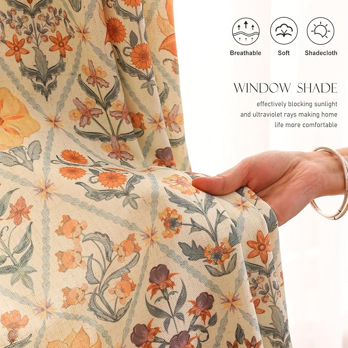 Designer French Linen Printed Curtains, 2 Panels, Floral Pattern Draps - Image 3