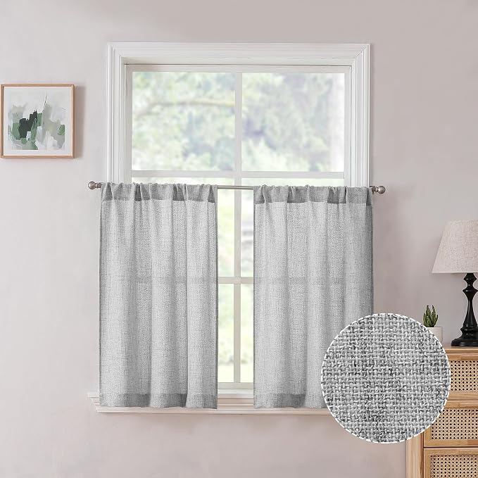 Tollpiz Linen Tier Curtain Rod Pocket Semi Sheer Half Kitchen Curtains Burlap by Tollpiz