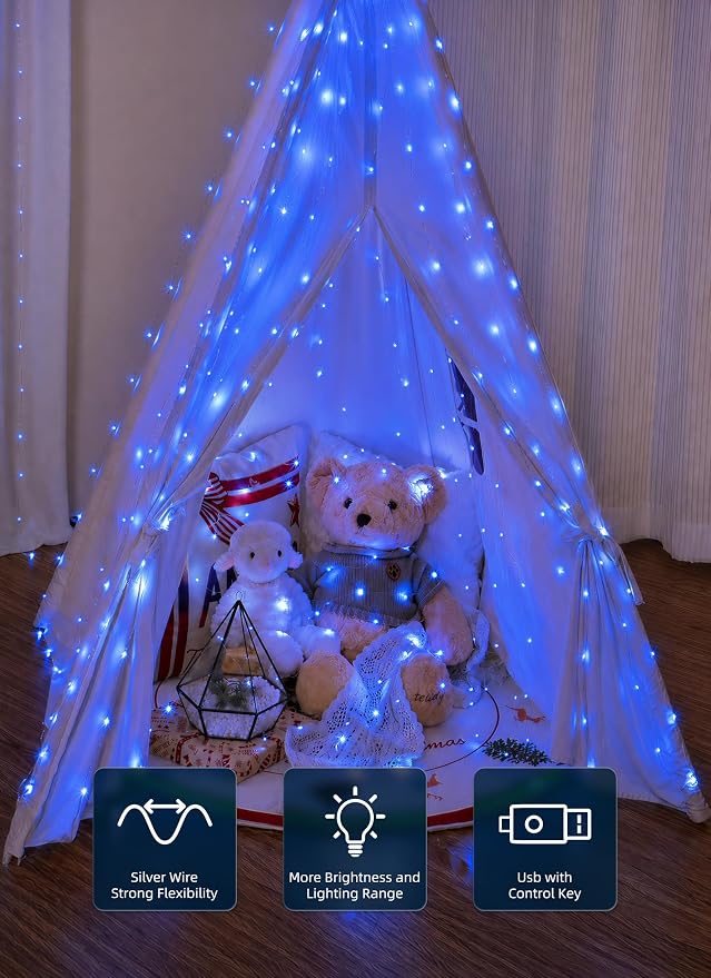 Brightown 300 LED Blue Fairy Curtain Lights, 9.8ft x 9.8ft String Lights | USB - Image 3
