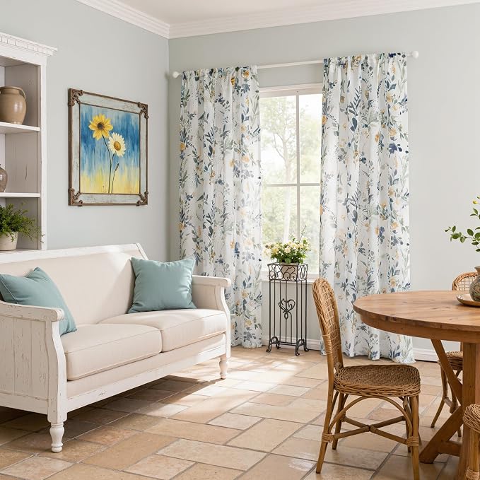 MYSKY HOME Yellow and Blue Floral Sheer Kitchen Curtains 54 Inch Length | Light - Image 8