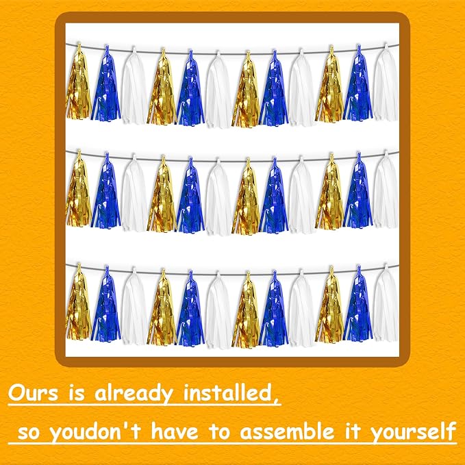 3 Pack Navy-Blue White and Gold Tassel Banner Garland Metallic Foil Fringe - Image 3