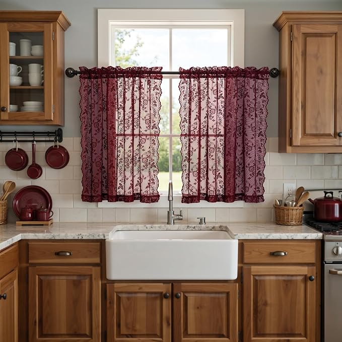 Short Burgundy Lace Curtains Rustic Leaf Floral W42 x L45 Inch 2 Panels | Rod by FINECITY