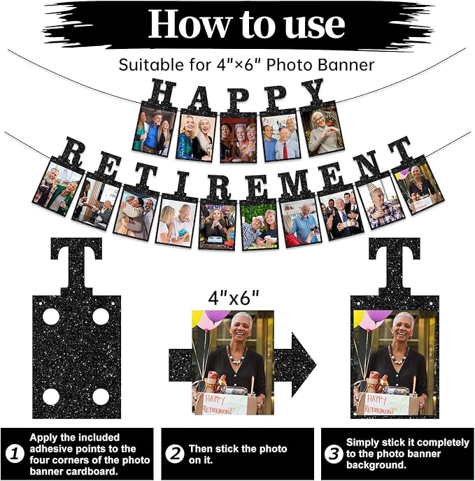 Black Pre-Strung Happy Retirement Photo Banner Party Decorations | Glitter - Image 3