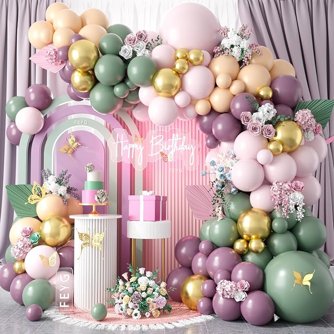 Dusty Green Purple Pink Balloon Arch Kit, Pastel Balloons Garland Party by FEYG