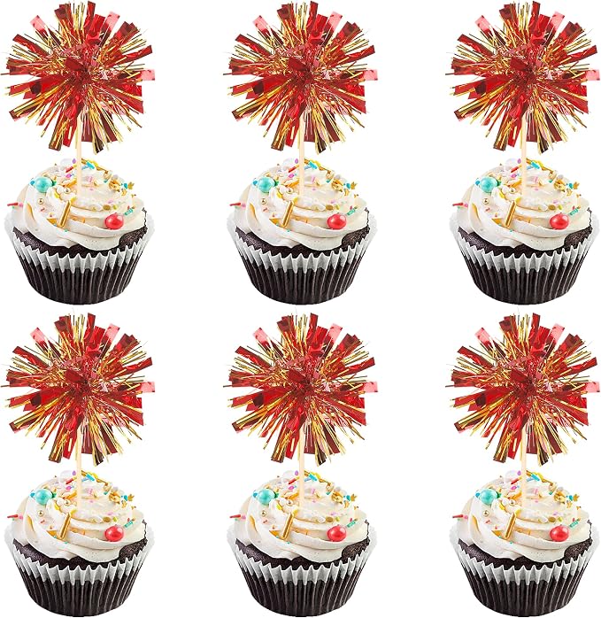 30 PCS Foil Firework Cupcake Toppers Sparkle Tinsel Cupcake Picks Happy by ZHUOWEISM