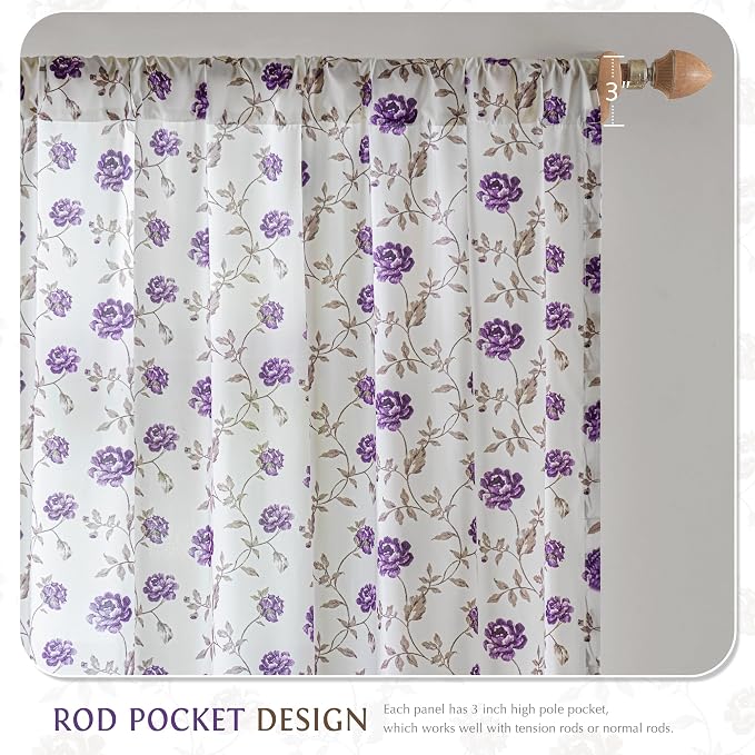 Beauoop Floral Sheer Curtains for Bedroom Purple Brown 52x96 2 Panels | Semi - Image 8