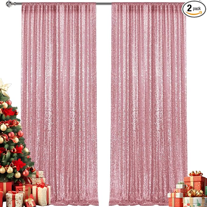 2×8FT-2PCS Light Pink Sequin Backdrop Curtains Panels, Photography Backdrop by Pufogu