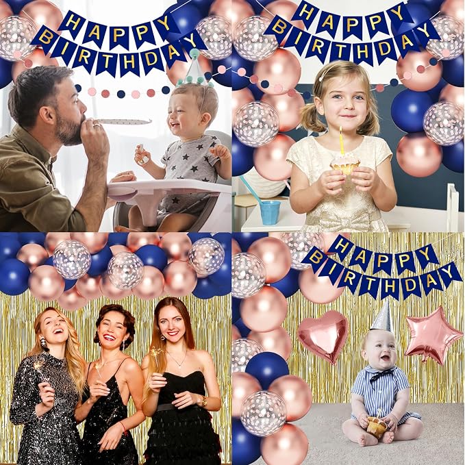 Navy Blue Rose Gold Happy Birthday Decorations Kit, Rose Gold Balloons Birthday - Image 7