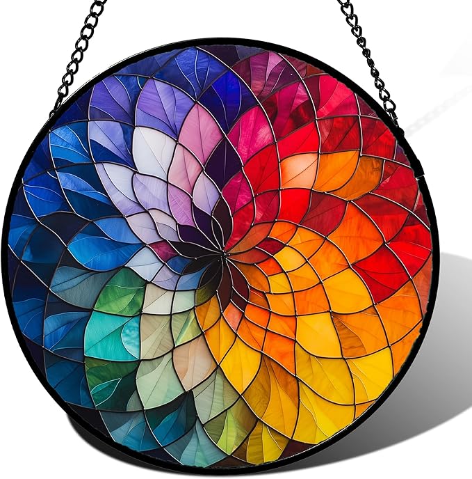Stained Glass Window Hanging - Colorful Flowers Sun Catcher for Door Terrace Garden Home Decor, Abstract Gradient Suncatcher Birthday Gifts for Lovers Women Men Dad Mom Nana 15 in