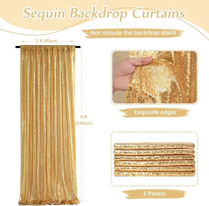 Gold Sequin Backdrop Curtains 2ftx8ft Glitter Party Backdrop 6 Pieces Sparkly - Image 2