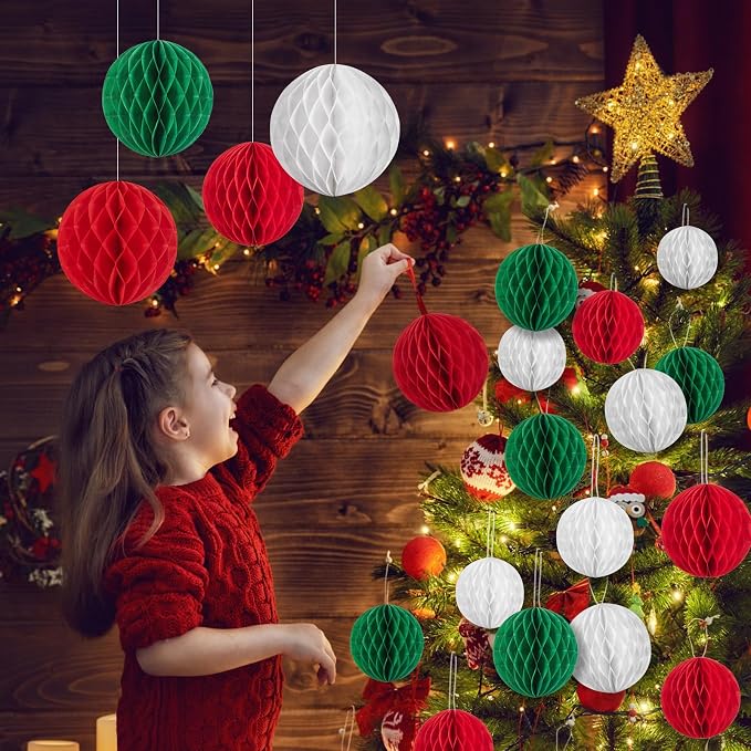 SUNBEAUTY 27 PCS Red Green White Christmas Party Hanging Honeycomb Decorations - Image 4