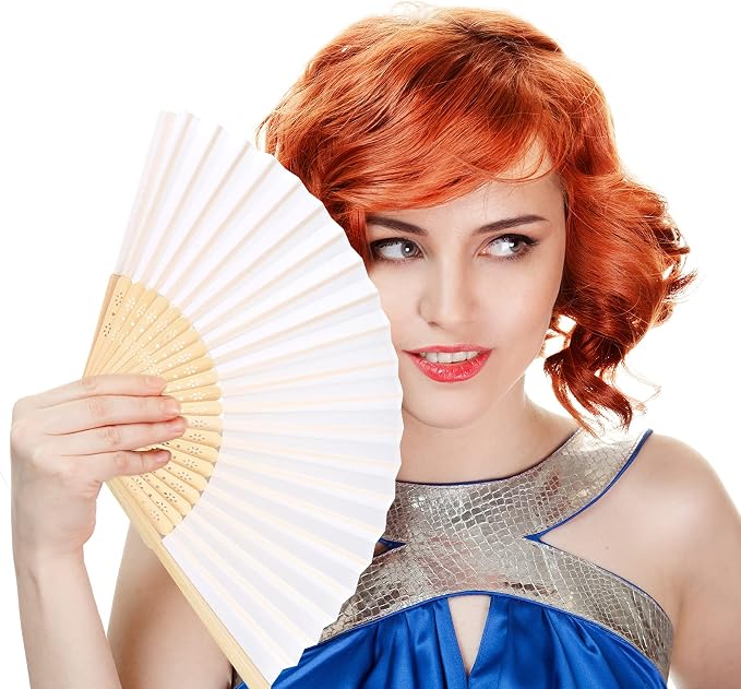 FEPITO 50 Pieces White Handheld Paper Fan | Paper Folding Fans - Image 7