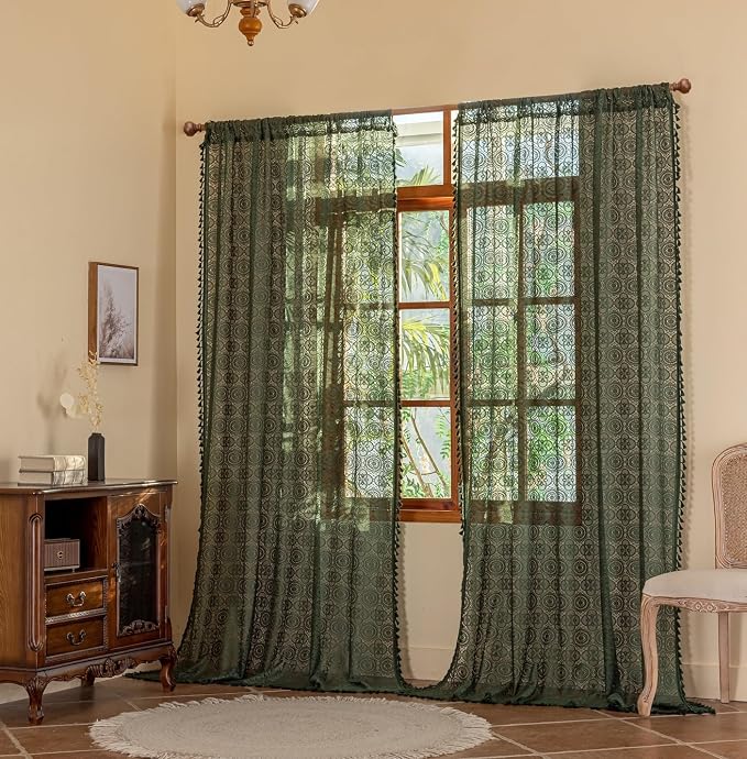 YJ YANJUN Boho Lace Curtains, Dark Green, 2 Panels | Vintage Floral Crochet - Image 5