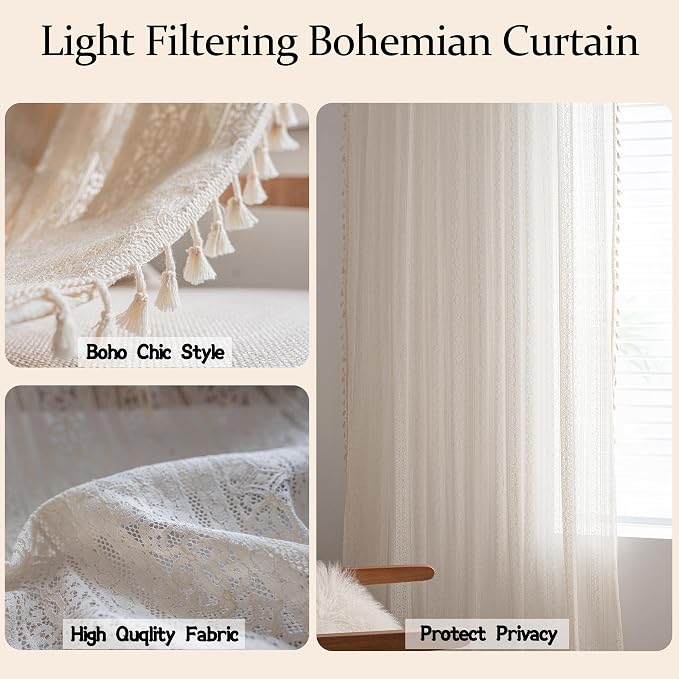 Sutuo Home Boho Curtain Crochet Lace Semi-Sheer Florals Hollow Knitted Handmade - Image 3