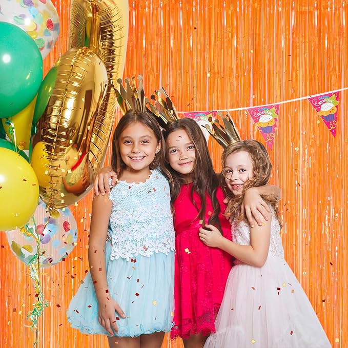 Orange Metallic Tinsel Foil Fringe Curtains, 2 Pack 3.3x8.3 Feet Party Streamer - Image 4