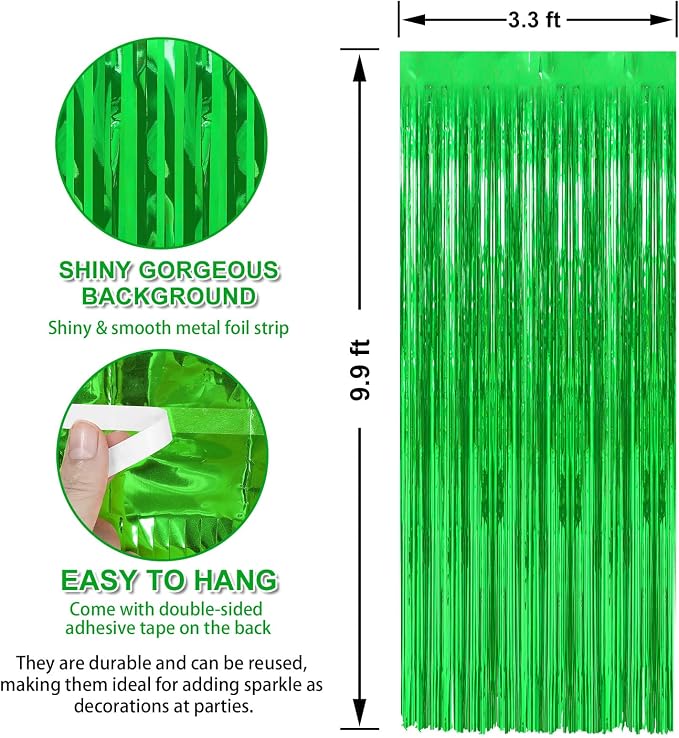 7 Pack 3.3 x 9.9 ft Green Fringe Backdrop Streamers Party Decorations | Foil - Image 2