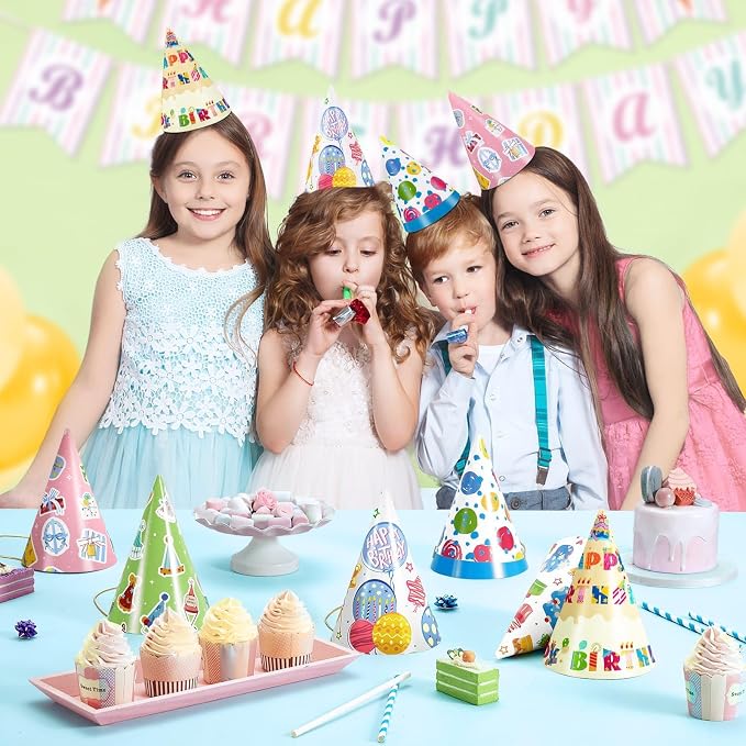 WERNNSAI 12 Pcs Birthday Party Hats Assorted Themes Cone Paper Headbands | - Image 4