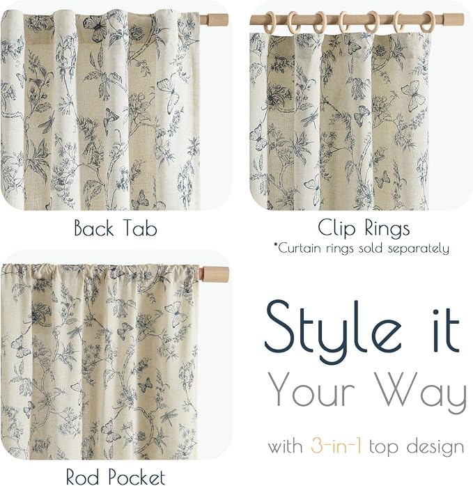 Blue Floral Linen Curtains Farmhouse Rod Pocket 50W X 96L 2 Panels | Charlotte - Image 6
