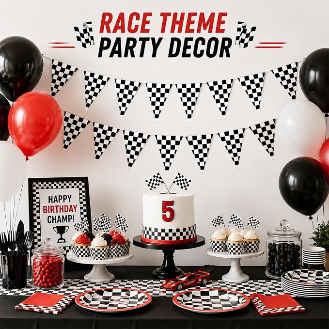 Black and White Checkered Pennant Banner | 5PCS Race car party banners - Image 2