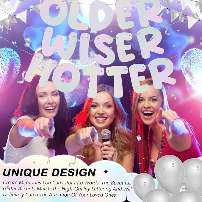 Fulmoon Set of 3 Pre Strung Older Wiser Hotter Glitter Banner Funny Birthday - Image 7
