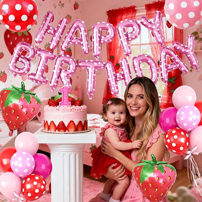 29PC Strawberry Happy Birthday Balloon Banner, 16Inch 3D Aluminum Letter Banner - Image 8