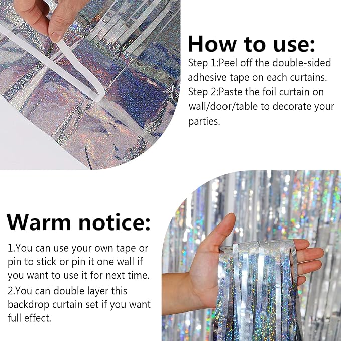 2 Packs 3.2ft x 6.6ft Silver Multicolor Tinsel Foil Fringe Curtains Photo Booth - Image 3