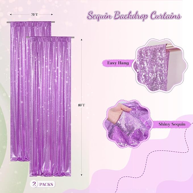 PartyDelight Lavender Sequin Backdrop Curtains 2x8ft 2 Panels | Sparkly 3mm - Image 2