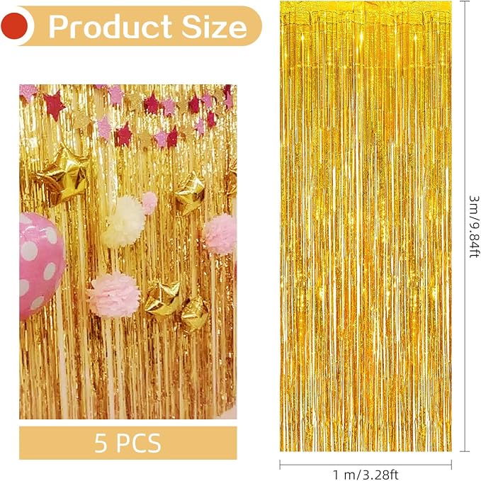 5 Pack Gold Foil Curtain Backdrop 3.2ft x 9.8ft Metallic Tinsel Foil Fringe - Image 3