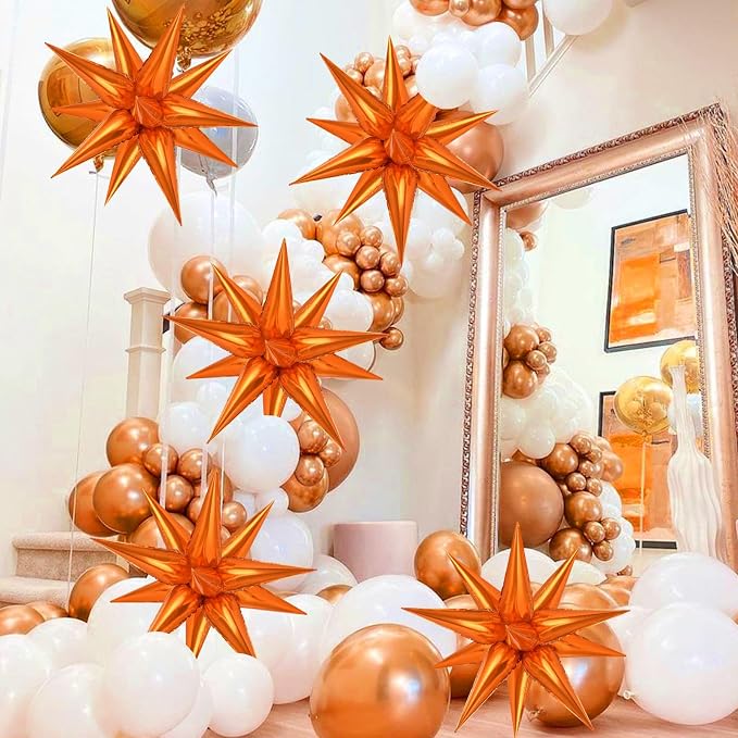 Orange Star Foil Balloons, Metallic Spike Mylar Balloon Fireworks Balloon - Image 2
