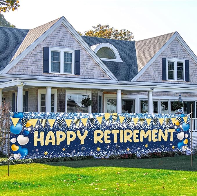 Happy Retirement Banner Backdrop Party Decoration Blue Gold Glitter Garland - Image 2