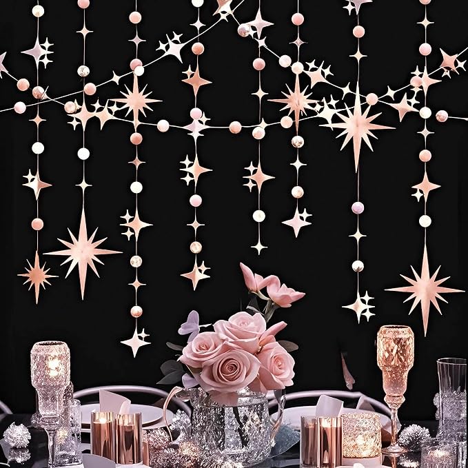 Glitter Rose Gold Star Circle Dot Garland 30 Feet Twinkle Rose Gold Star Circle - Image 3