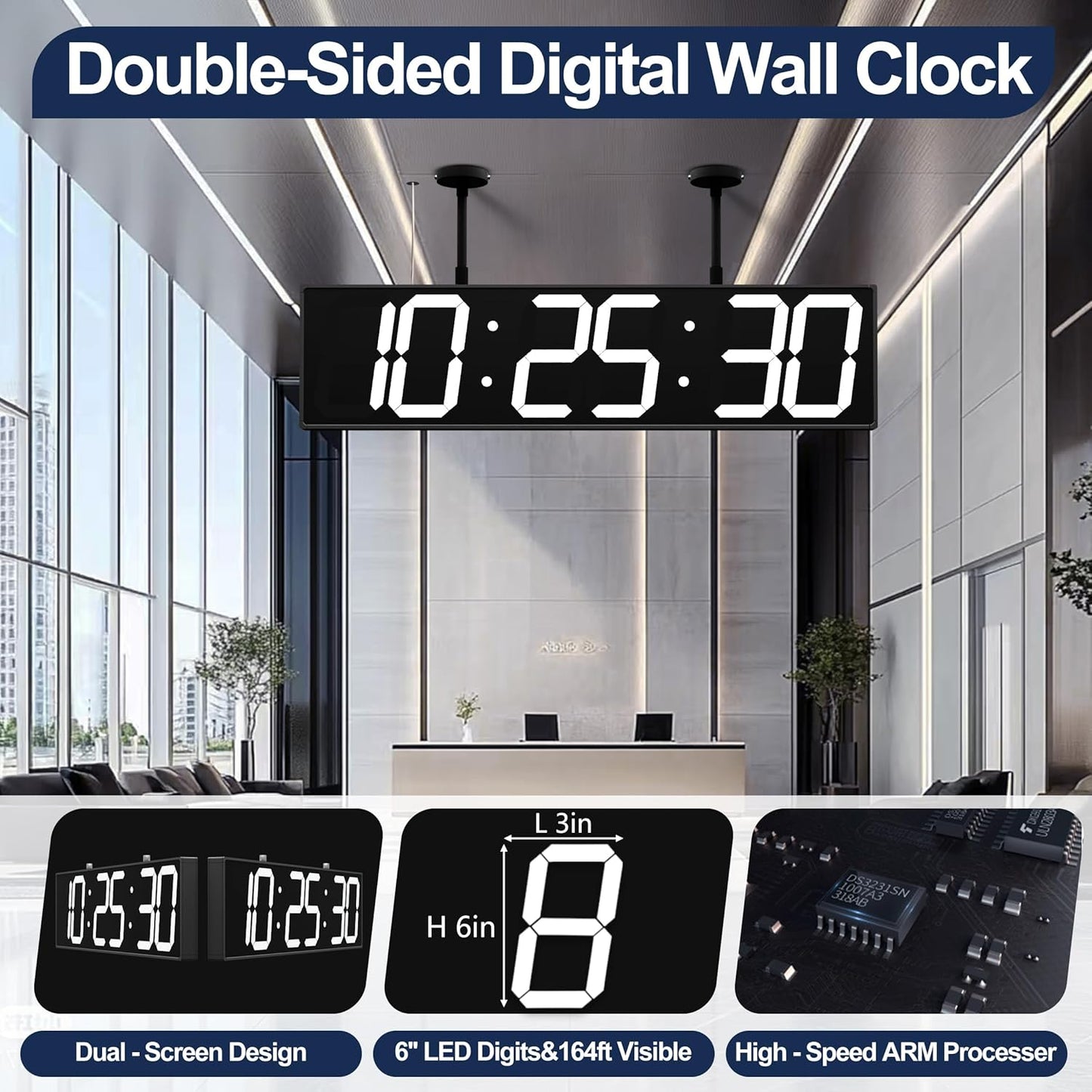 Digital Clock Large Display 1928" with Remote Control,Double-Sided Clock, Suspended Design for Hospitals, Factories, Airports.