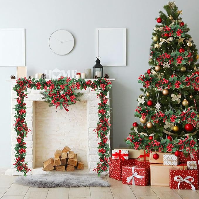 Uguisu 2pcs 5.6ft Red Artificial Christmas Garland,Eucalyptus Green Garland with Berry Flower Clusters,Artificial Vines for Fireplaces,Dining Tables,Christmas Parties