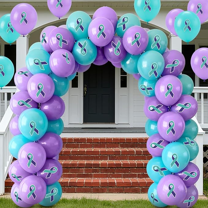 100 Pcs Suicide Prevention Awareness Balloons 12 Inch Teal and Purple Ribbon - Image 5