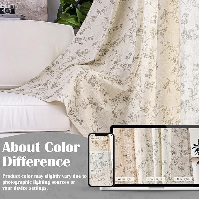 Grey Vintage Floral Linen Curtains Farmhouse 38W X 84L 2 Panels | Elisa Series - Image 5