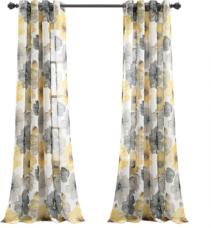 Lush Decor Leah Floral Sheer Window Curtain Panels Pair 52"W x 84"L Yellow & - Image 9