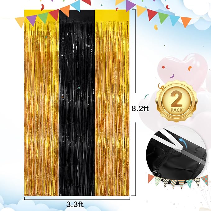 Black Gold Streamer Tinsel Foil Fringe Curtains Streamer 2Pack 3.3X 8.3Ft - Image 4