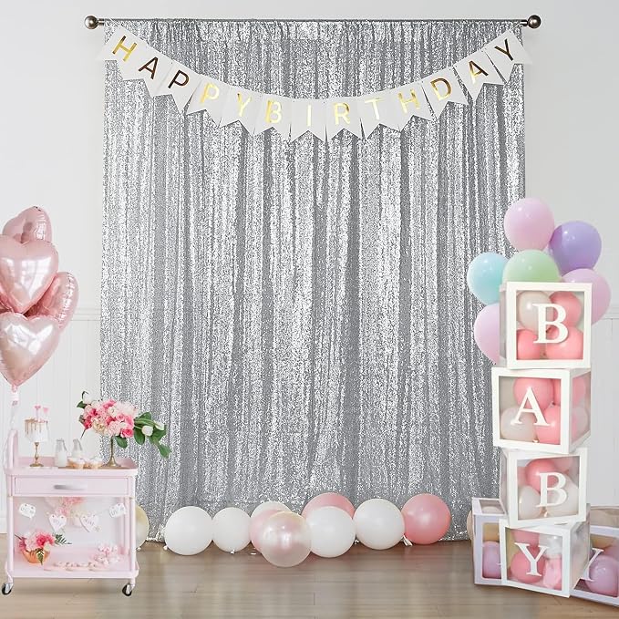 Sugargirl Silver Sequin Backdrop Curtain 7FTx7FT Glitter Silver Background - Image 2