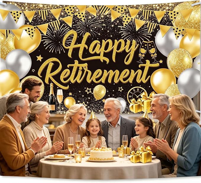 Black Gold Happy Retirement Banner Backdrop Photography Background Hanging - Image 5